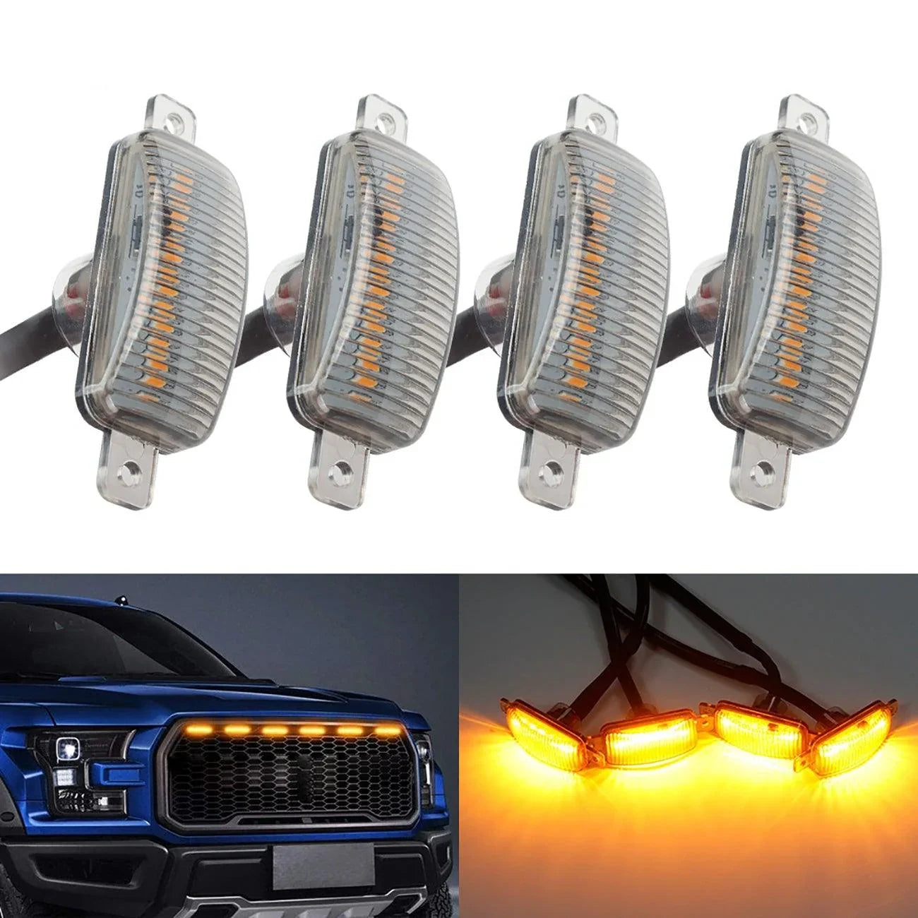(4pcs/set) LED Front Hood Grille Lights Raptor Style orange Light Fit pour Pickup Truck Off-Road SUV (orange Shell/ Smoked S…