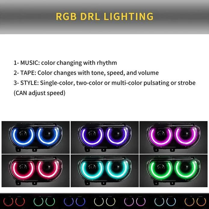 LED bloc optique avant RGB Style Dual Beam Projector noir pour 2008-2014 Dodge Challenger 3th Gen Pre-Facelift – vue 4