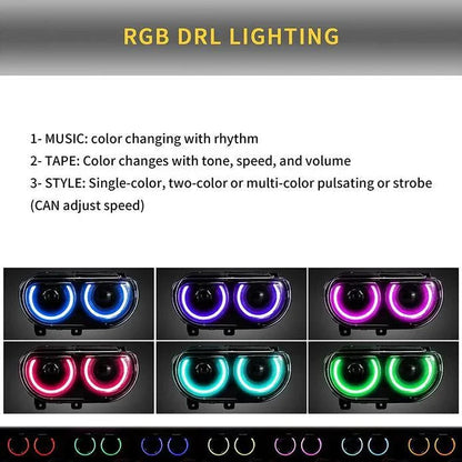 LED bloc optique avant RGB Style projecteur double faisceau noir pour 2008–2014 Dodge Challenger 3th Gen Pre-Facelift – vue 4