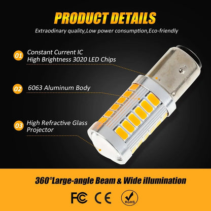 1157 BAY15D LED Side Maker/clignotant Rear/Front Light Bulbs 20W 4000LM 3500K orange 33LED série – 2 ampoules – vue 7