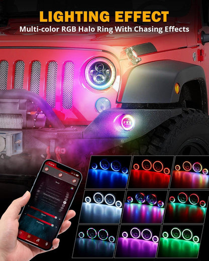 Upgraded RGB 7″ phares + 4″ antibrouillards Combo pour Jeep Wrangler JK avec commande par application – vue 4 – NOVADOMIO