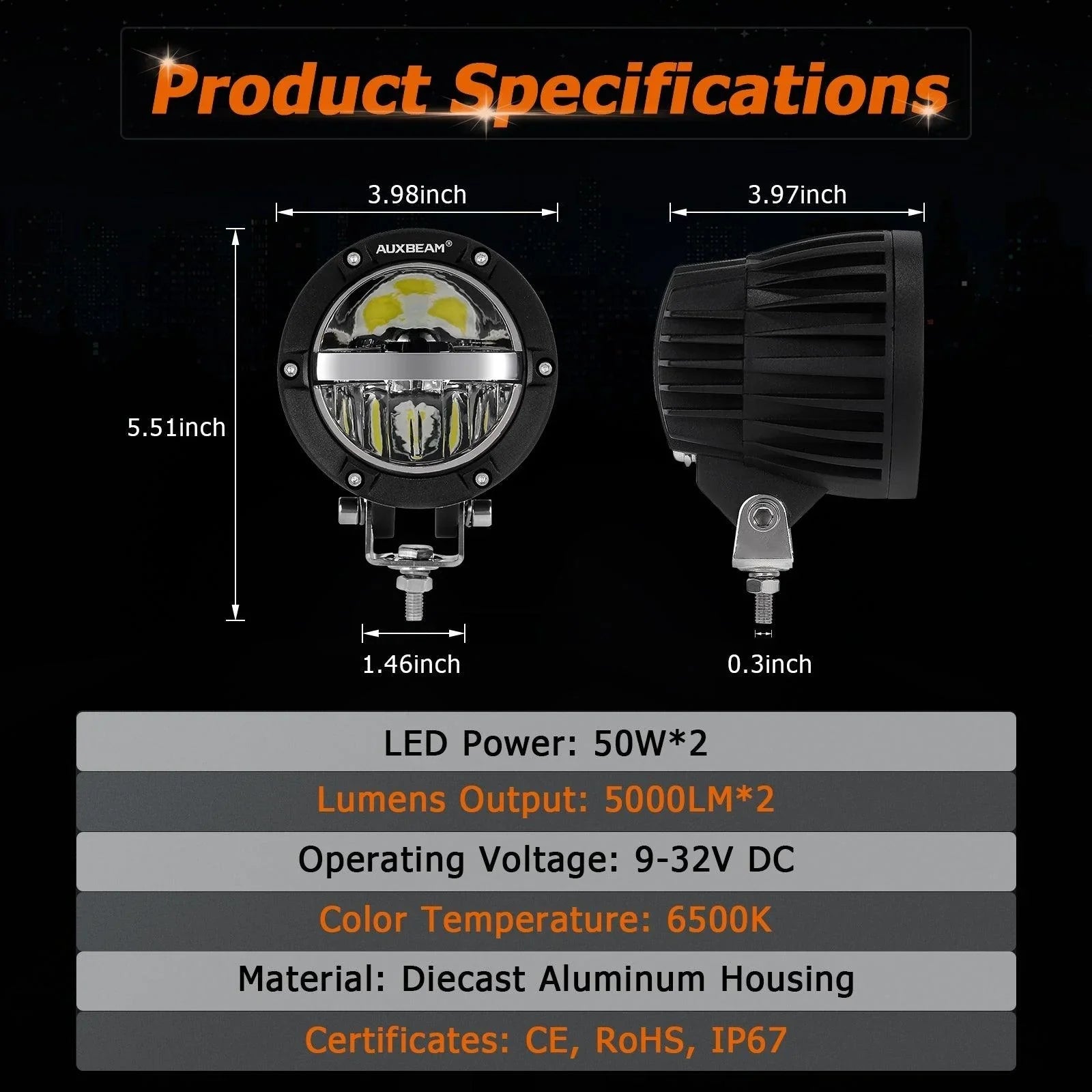 C4 série | 4 Inch 100W Round Offroad LED Driving Lights faisceau combiné – vue 3