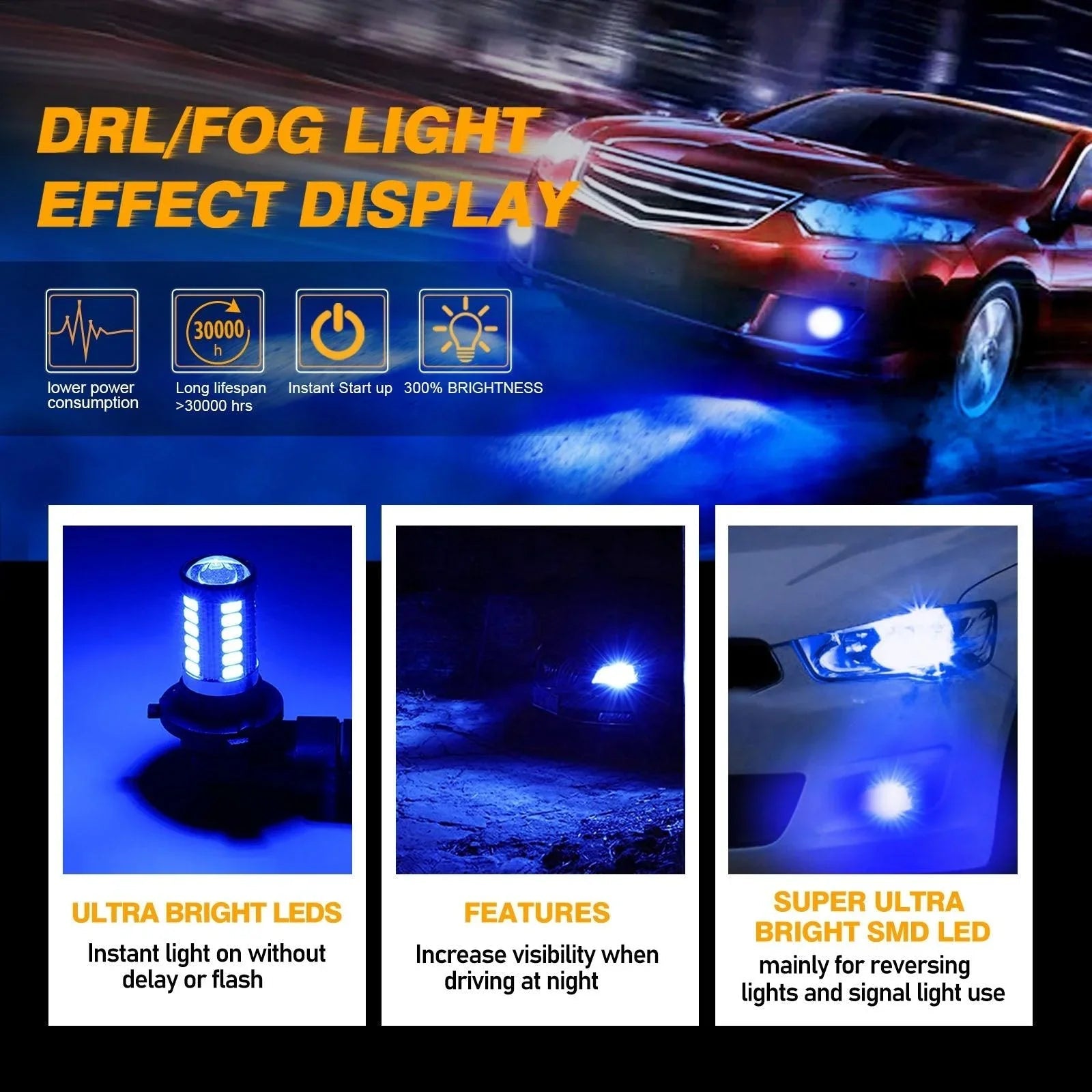 H10 9145 9140 HB3 LED Fog Light/DRL 50W 4000LM Deep Blue 33LED série – 2 ampoules – vue 4