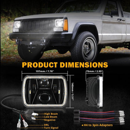 7×6 phares LED Rectangular phares High Low optique scellée avec DRL clignotant homologation DOT pour Jeep Wrangler YJ