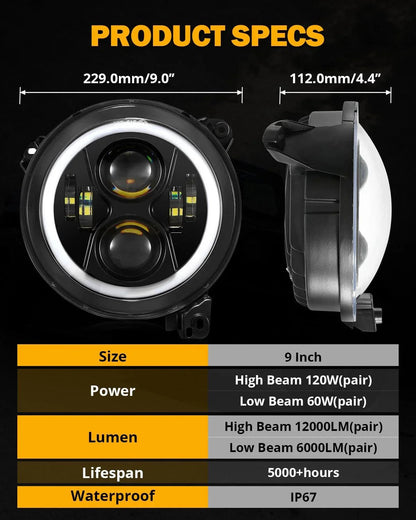 Upgraded 9″ rond LED phare avec RGB anneau Halo pour Jeep Wrangler JL – vue 9 – NOVADOMIO