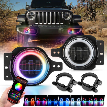 Upgraded 4″ LED antibrouillards avec RGB anneau Halo & clignotant, Bluetooth commande pour Jeep Wrangler JK/JL 2018–2024