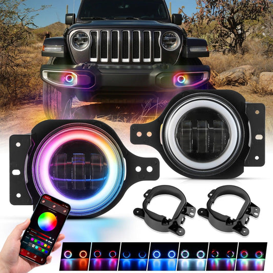 Upgraded 4 Inch LED Fog Lights avec RGB Halo Ring & clignotant Light, Bluetooth Control pour Jeep Wrangler JK/JL 2018-2024