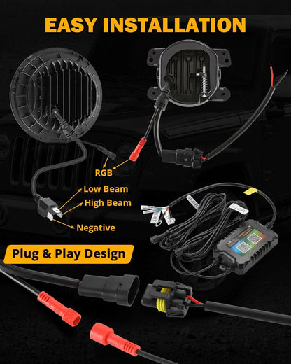 Upgraded RGB 7″ phares + 4″ antibrouillards Combo pour Jeep Wrangler JK avec commande par application – vue 7 – NOVADOMIO