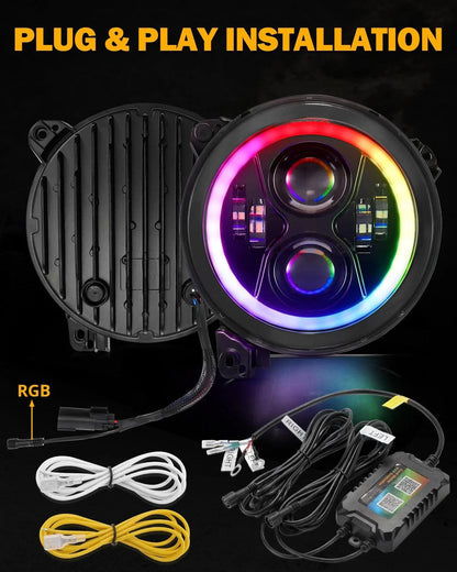 Upgraded 9″ rond LED phare avec RGB anneau Halo pour Jeep Wrangler JL – vue 8 – NOVADOMIO