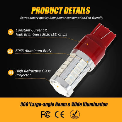 T20 7443 7440 LED stop/arrière Light 20W 4000LM rouge 33LED série – 2 ampoules – vue 7 – NOVADOMIO