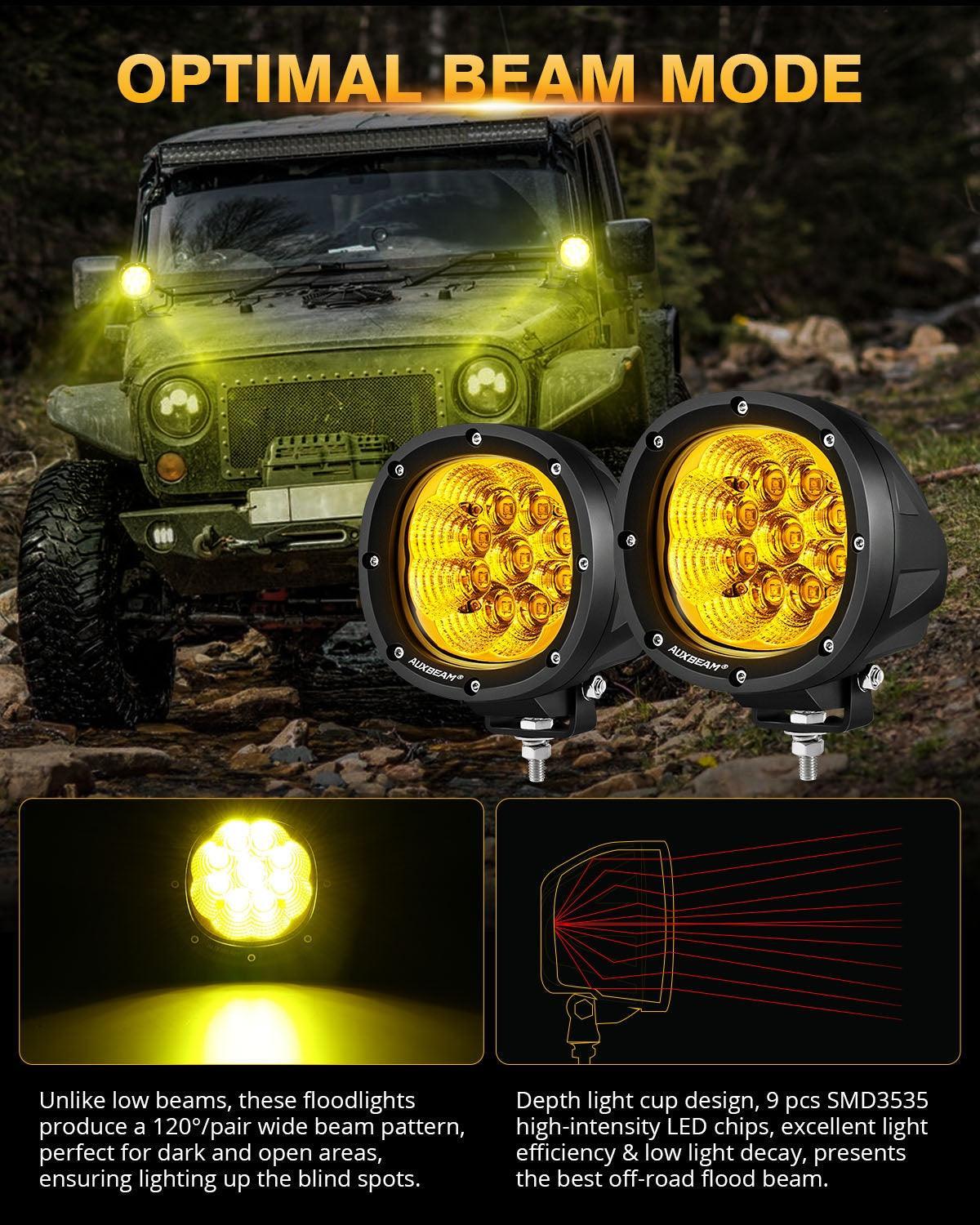 P4 série | 4 Inch 90W 9000LM Round LED Driving Lights Flood orange Pod Lights – vue 3