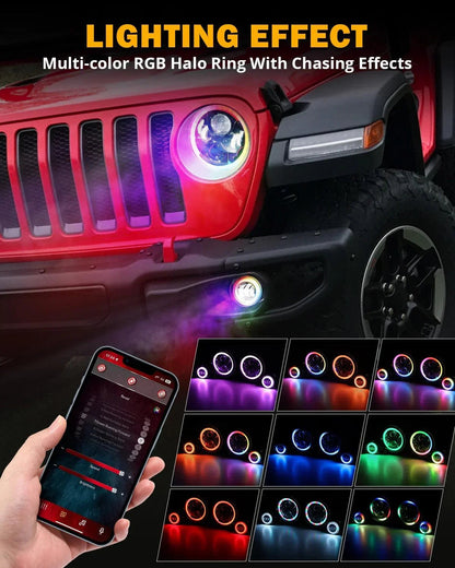 Upgraded RGB 9″ phares + 4″ antibrouillards Combo pour Jeep Wrangler JL avec commande par application – vue 2 – NOVADOMIO