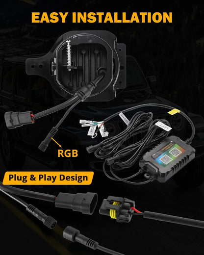 Upgraded 4″ LED antibrouillards avec RGB anneau Halo & clignotant, Bluetooth commande pour Jeep Wrangler JK/JL 2018–2024