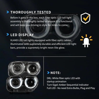 LED bloc optique avant RGB projecteur double faisceau noir pour 2015–2024 Dodge Challenger 3th Gen Facelifted – vue 5
