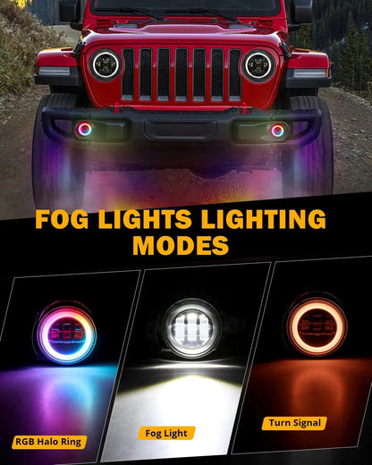 Upgraded RGB 9″ phares + 4″ antibrouillards Combo pour Jeep Wrangler JL avec commande par application – vue 4 – NOVADOMIO
