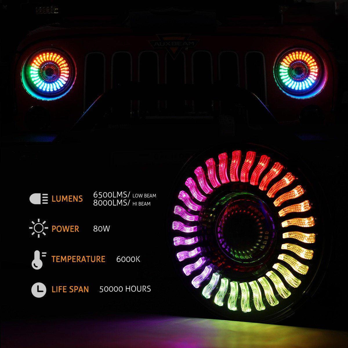 (2pcs/set) 7 inch 80W Hi-Lo Beam LED Headlight avec RGB Flowing Halo Ring App Control pour Jeep Wrangler JK, TJ, LJ, CJ – vu…