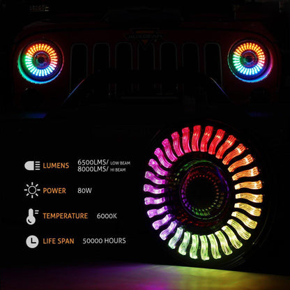 Lot de 2 7″ 80 W feux de route/croisement LED phare avec RGB Flowing anneau Halo commande par application pour Jeep Wrangler