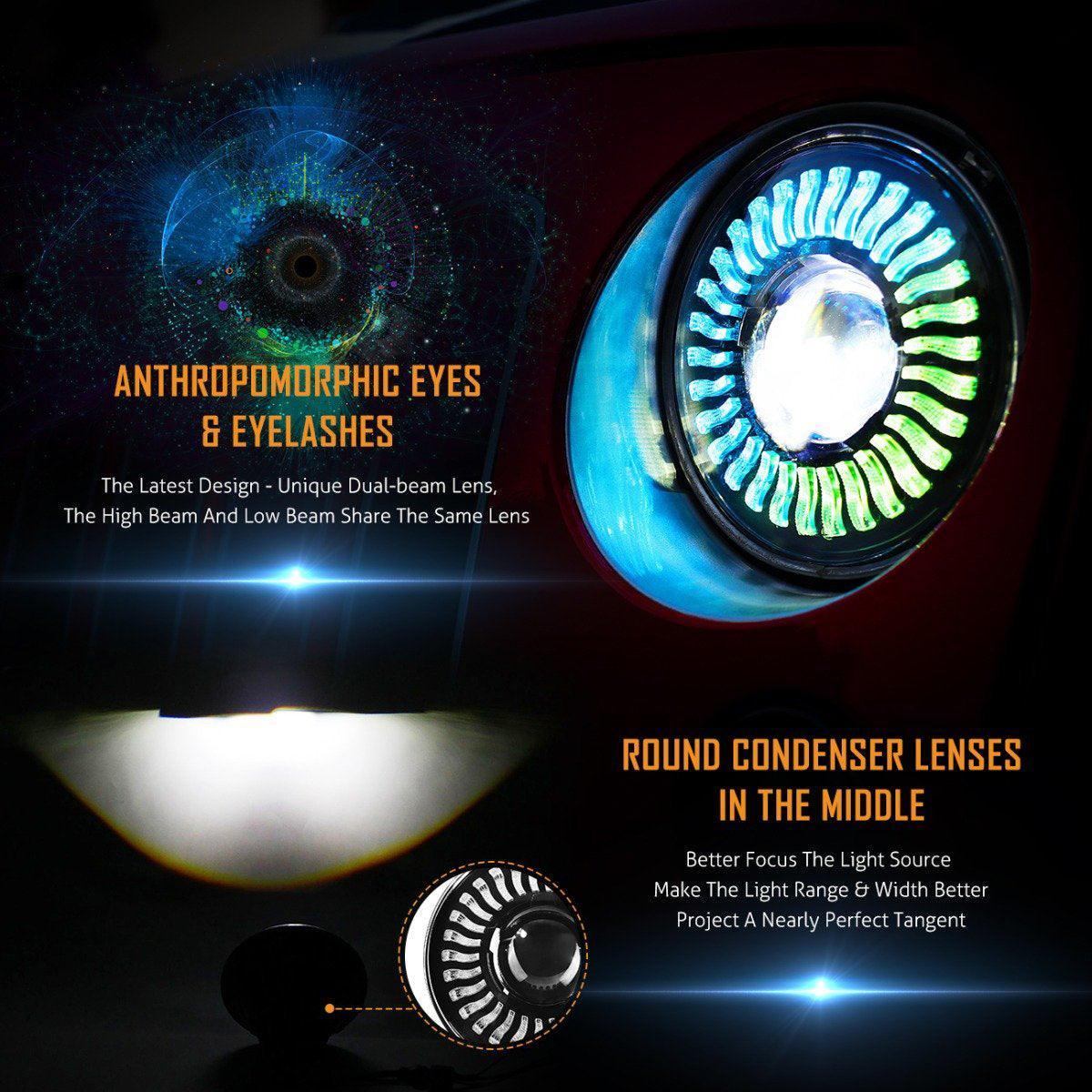 (2pcs/set) 7 inch 80W Hi-Lo Beam LED Headlight avec RGB Flowing Halo Ring App Control pour Jeep Wrangler JK, TJ, LJ, CJ – vu…