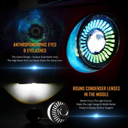 Lot de 2 7″ 80 W feux de route/croisement LED phare avec RGB Flowing anneau Halo commande par application pour Jeep Wrangler