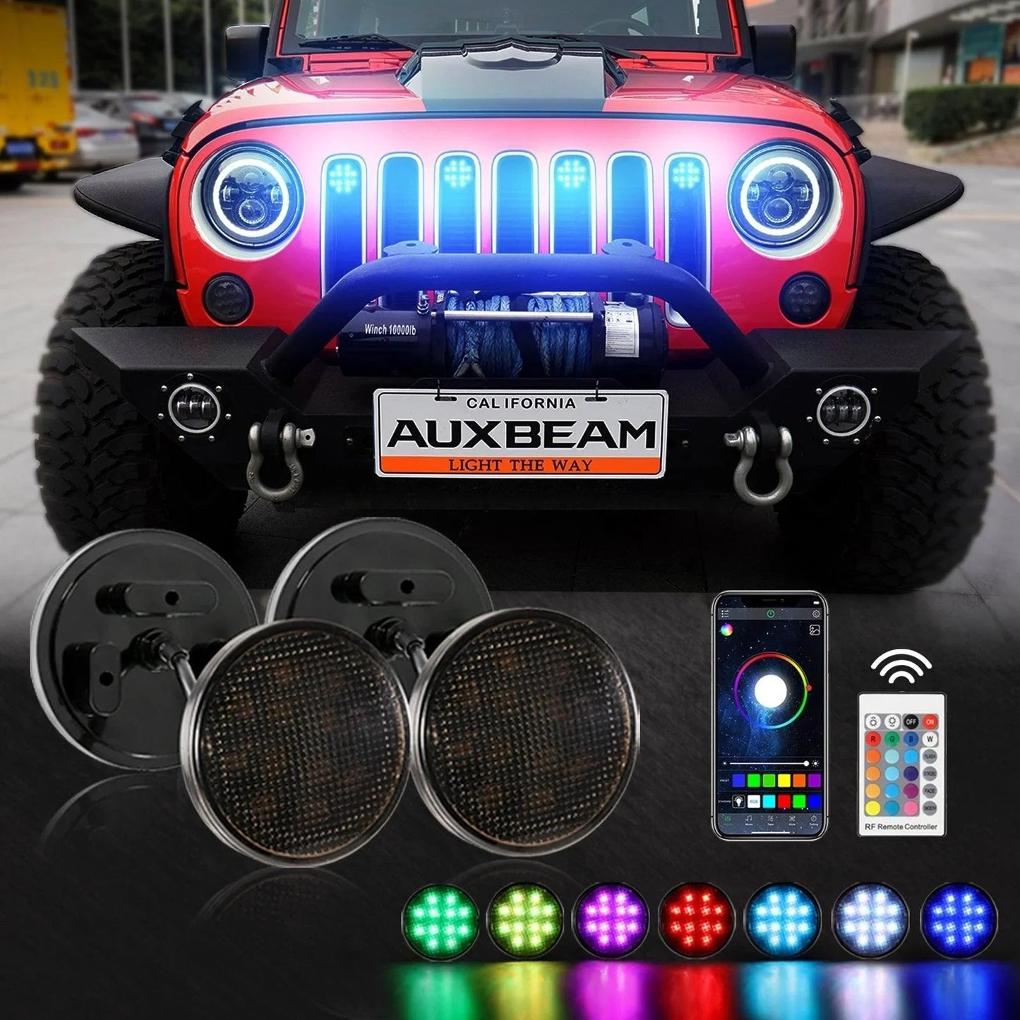 (4pcs/set) RGBW Neon LED Front Grille Lights avec Wireless RF Remote Controller, Smartphone Bluetooth Controlled APP Compati…