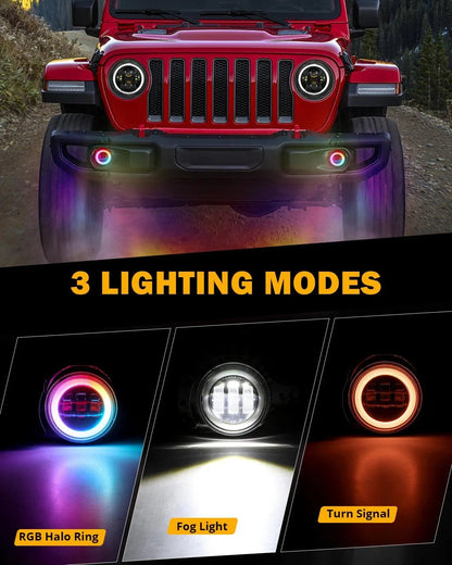 Upgraded 4″ LED antibrouillards avec RGB anneau Halo & clignotant, Bluetooth commande pour Jeep Wrangler JK/JL 2018–2024