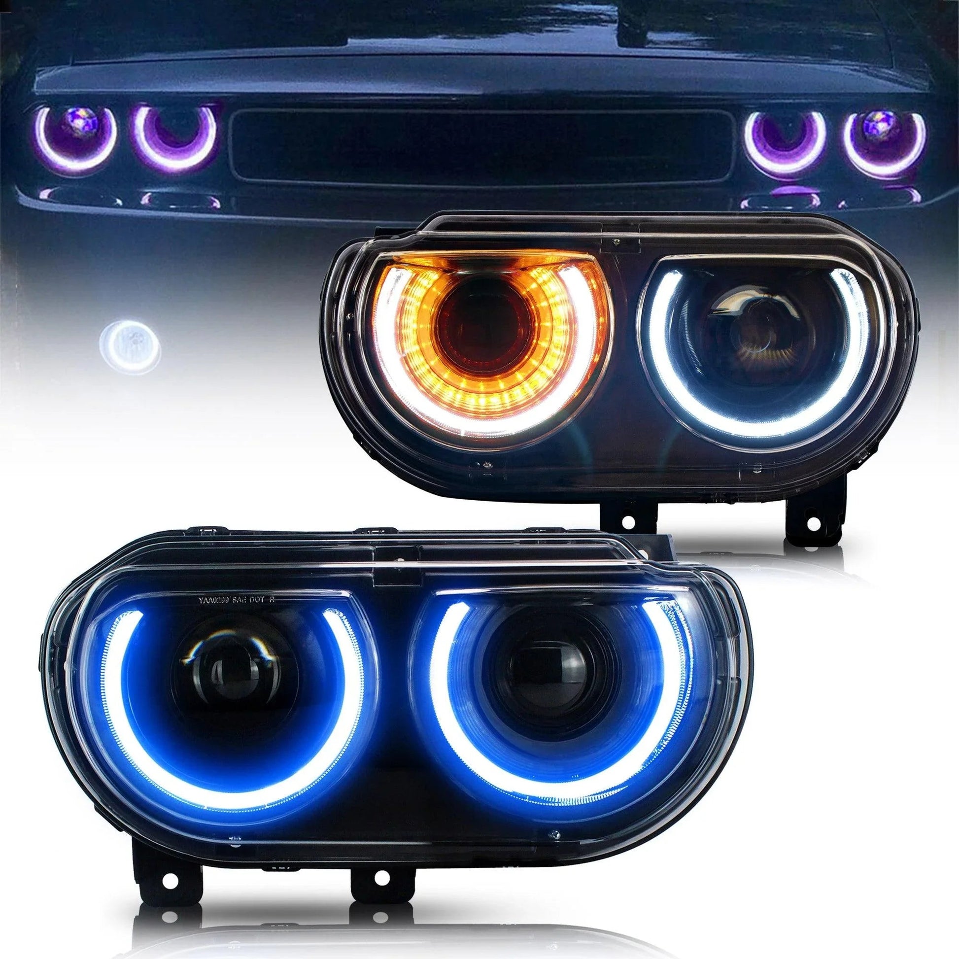 LED bloc optique avant RGB Style Dual Beam Projector noir pour 2008-2014 Dodge Challenger 3th Gen Pre-Facelift