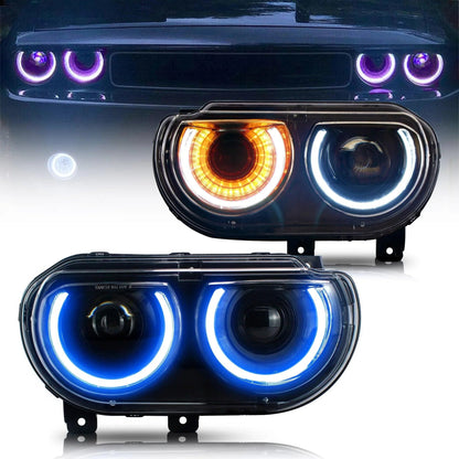 LED bloc optique avant RGB Style projecteur double faisceau noir pour 2008–2014 Dodge Challenger 3th Gen Pre-Facelift