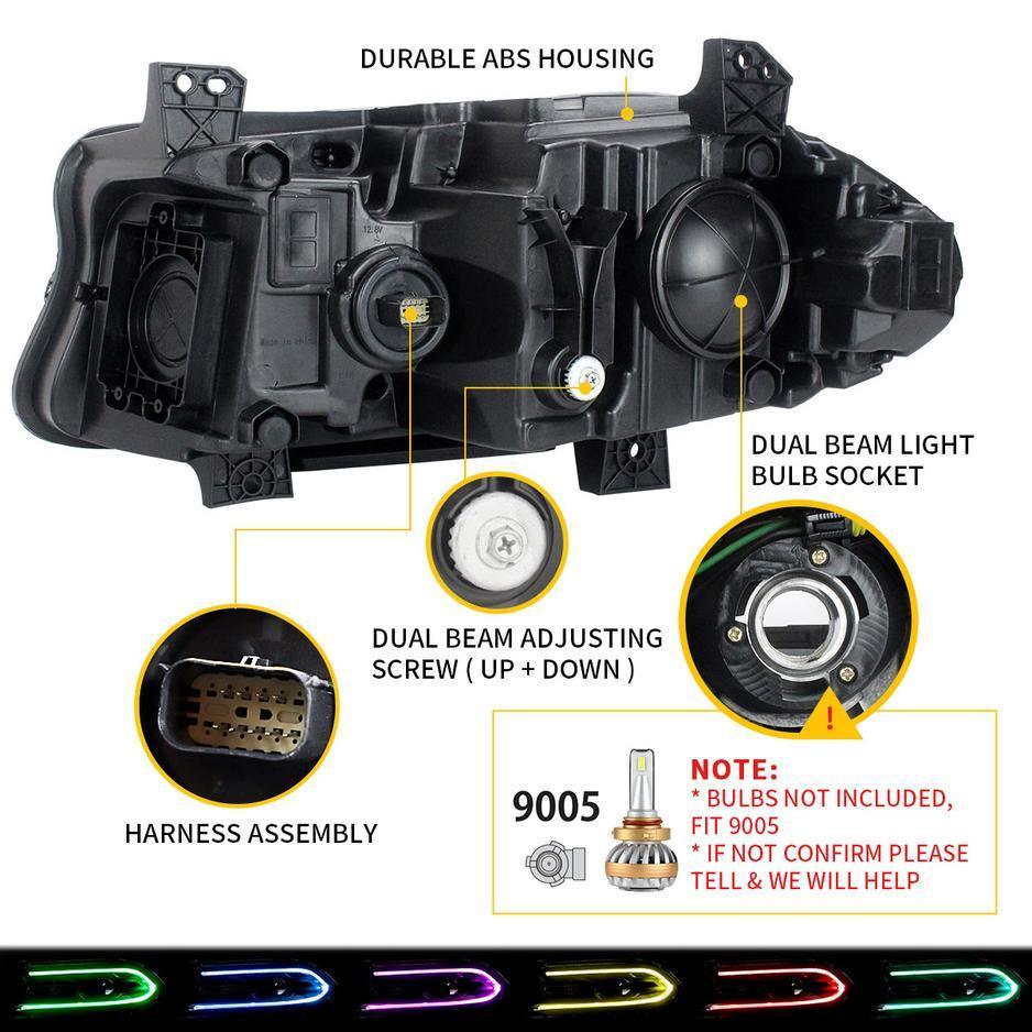 LED bloc optique avant RGB Style Dual Beam Projector noir pour 2015-2023 Dodge Charger 7th Gen(LD) – vue 9