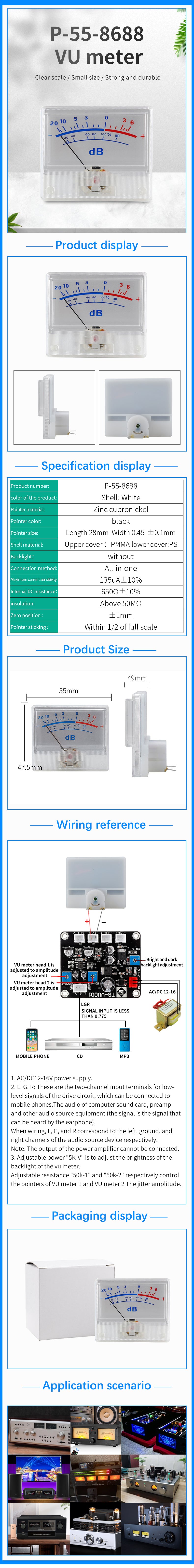 135uA mètre plat optoélectronique sans dos de mètre de volume audio VU de pointeur de Ω 650 Ω – vue 7