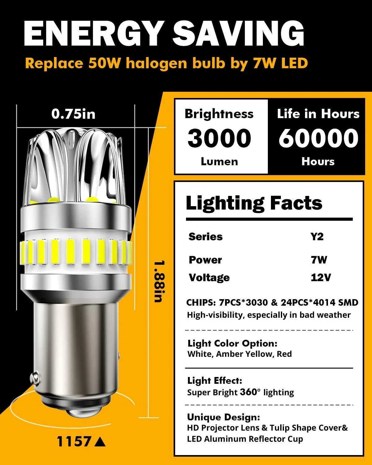 1157 BAY15D Ampoules LED pour recul, clignotants, stop et feux arrière 14W 6000LM sans erreur CAN-bus 6500K blanc Y2 série –…