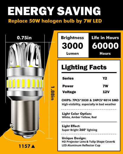 1157 BAY15D Ampoules LED pour recul, clignotants, stop et feux arrière 14W 6000LM sans erreur CAN-bus 6500K blanc Y2 série