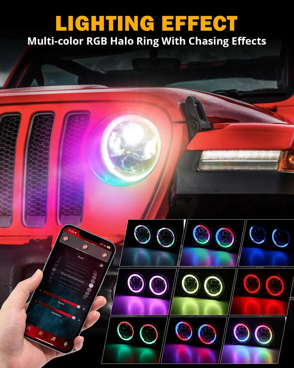 Upgraded 9 Inch Round LED Headlight avec RGB Halo Ring pour Jeep Wrangler JL – vue 3