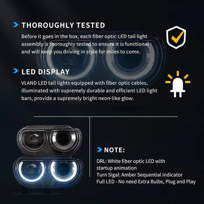 LED bloc optique avant projecteur double faisceau noir pour 2008–2014 Dodge Challenger 3th Gen Pre-Facelift – vue 7