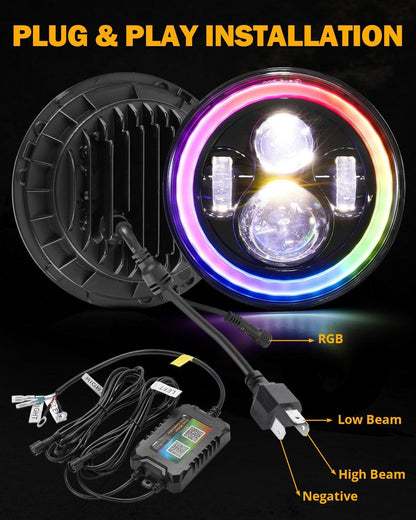 Upgraded 7″ rond LED phare avec RGB anneau Halo pour Jeep Wrangler JK TJ LJ – vue 5 – NOVADOMIO