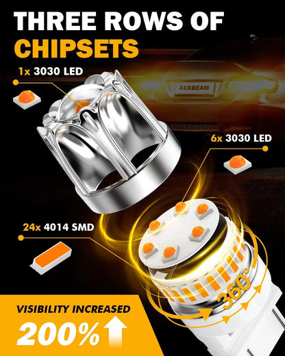T25 3157 3156 Ampoules LED pour clignotants avant/arrière et feux latéraux 14W 6000LM sans erreur CAN-bus 3000K orange Y2