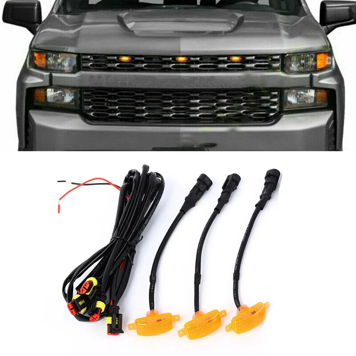 (3pcs/set) LED Front Grille Lights Raptor Style orange Light Fit pour Chevrolet Silverado 1500 2016-2021 (orange shell/ Smok…