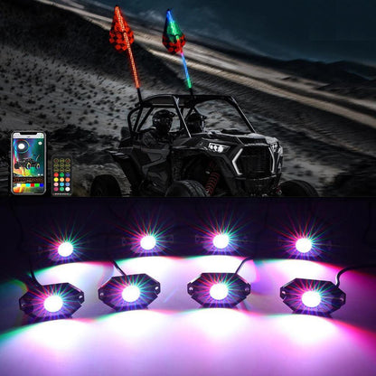 2 pièces 3FT RGB LED fouets LED avec clignotant & feu stop + RGB LED éclairages de soubassement kit avec commande Bluetooth